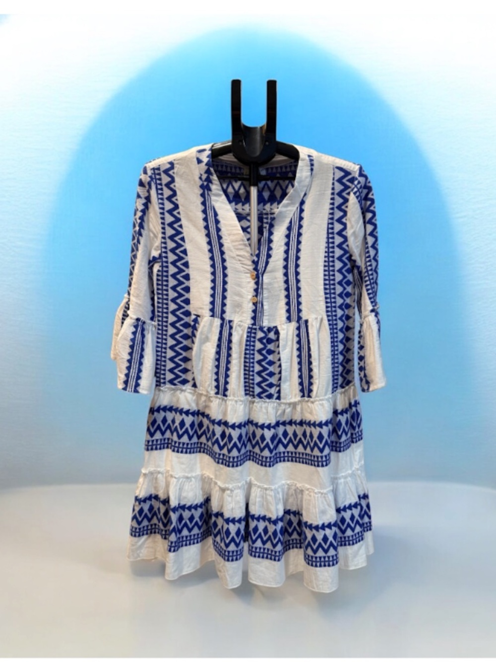 I.M.A Luxury Collection Blue White Cotton Tiered Dress XS Made in Greece